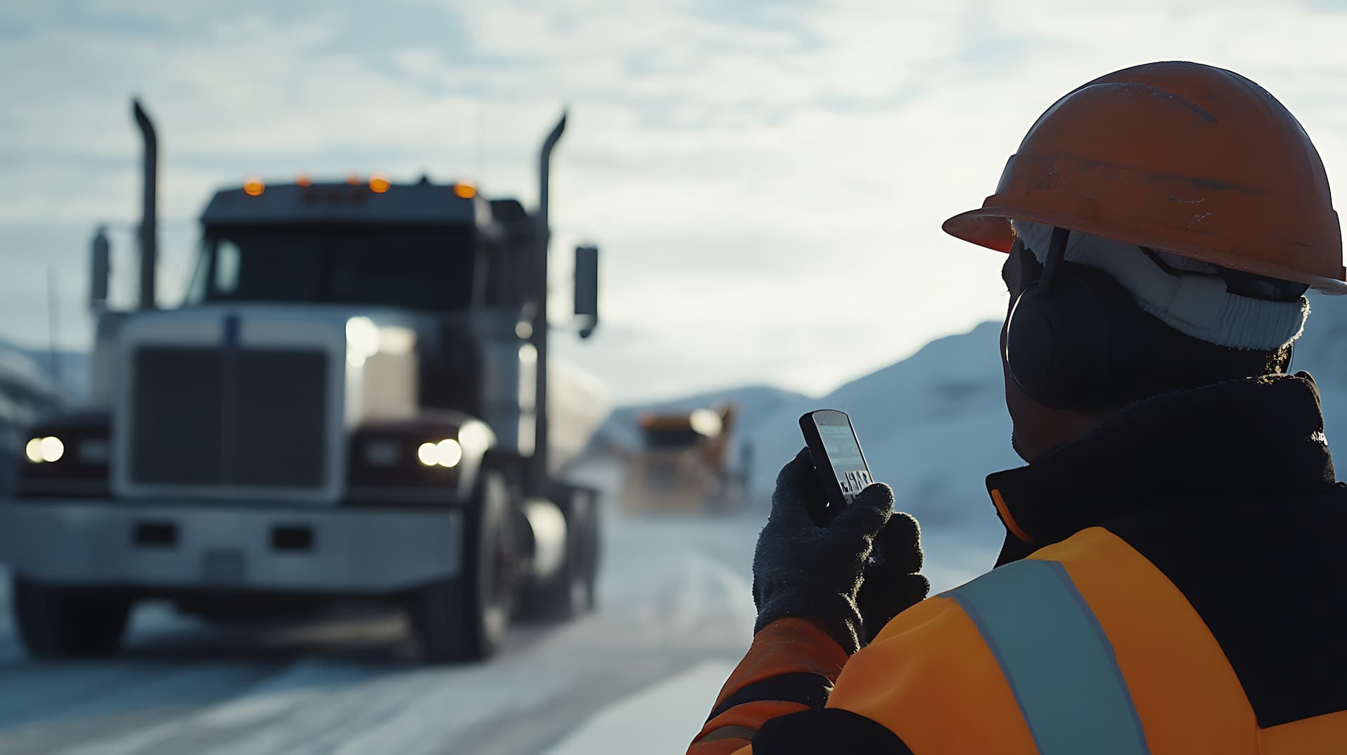 Mining logistics coordinator on radio in front of freight truck coming out of mine