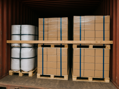 Securely packed shipping container with strapped pallets and shrink-wrapped freight showing correct container packing practices.