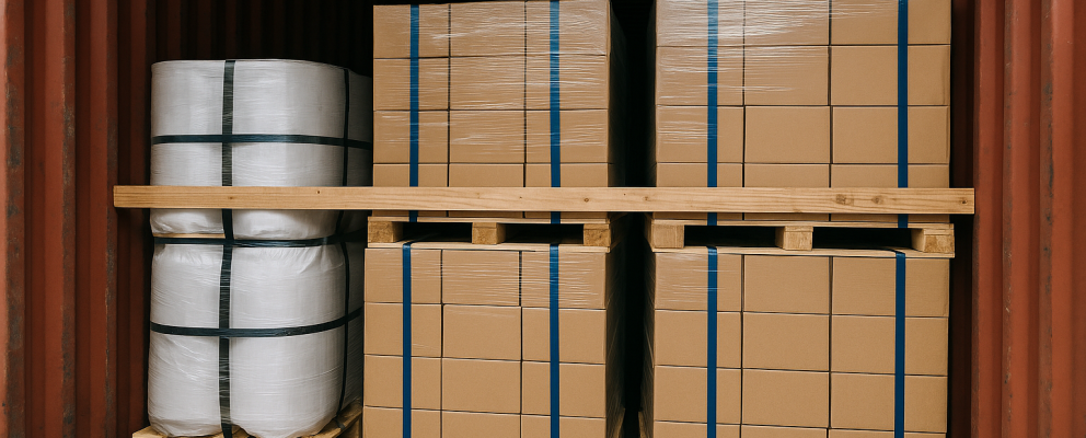 Securely packed shipping container with strapped pallets and shrink-wrapped freight showing correct container packing practices.