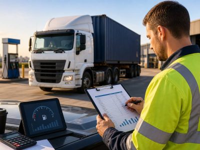 Logistics worker reviewing freight cost paperwork beside a container truck in a Perth industrial yard to work out how fuel levy is calculated