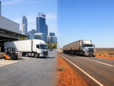 A truck in a city depot on the left, and a truck out on the open rural roads to compare metro vs. regional freight