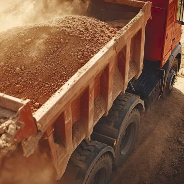 Mining transport company truck transporting mining ore on dirt road